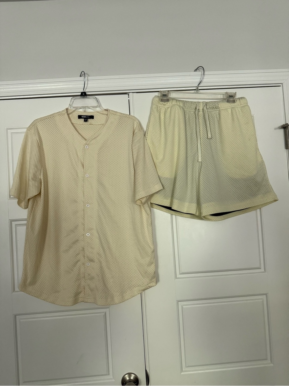 Fashion Nova Men's Mesh Shorts and Button Baseball Jersey Set - Cream